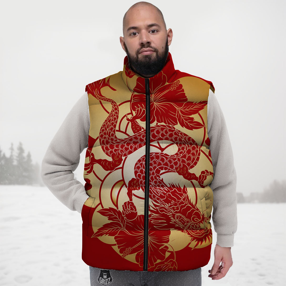Dragon Tattoo Red Japanese Print Down Vest