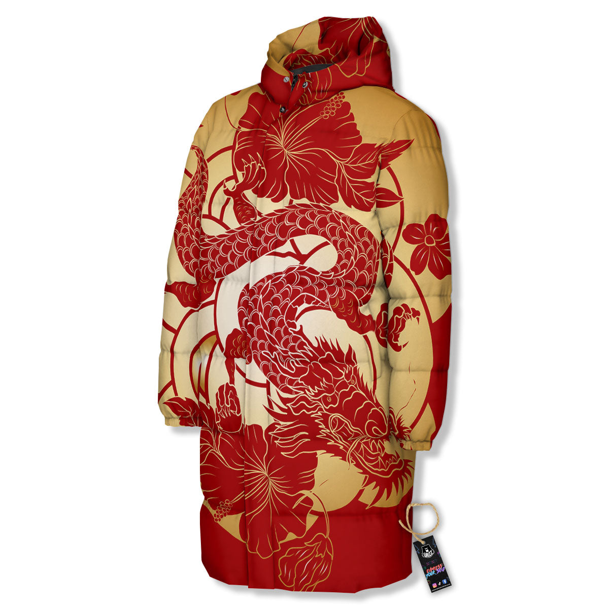 Dragon Tattoo Red Japanese Print Long Down Jacket-grizzshop