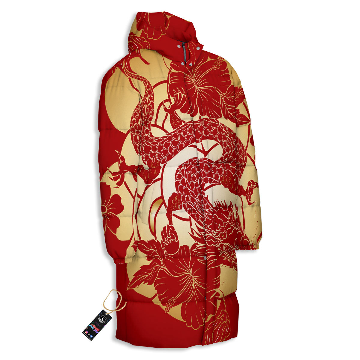Dragon Tattoo Red Japanese Print Long Down Jacket-grizzshop