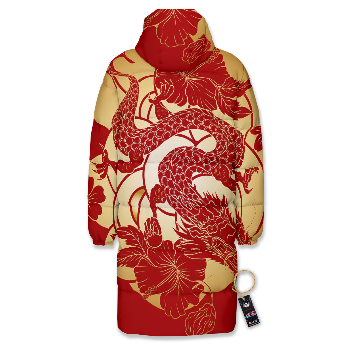 Dragon Tattoo Red Japanese Print Long Down Jacket-grizzshop