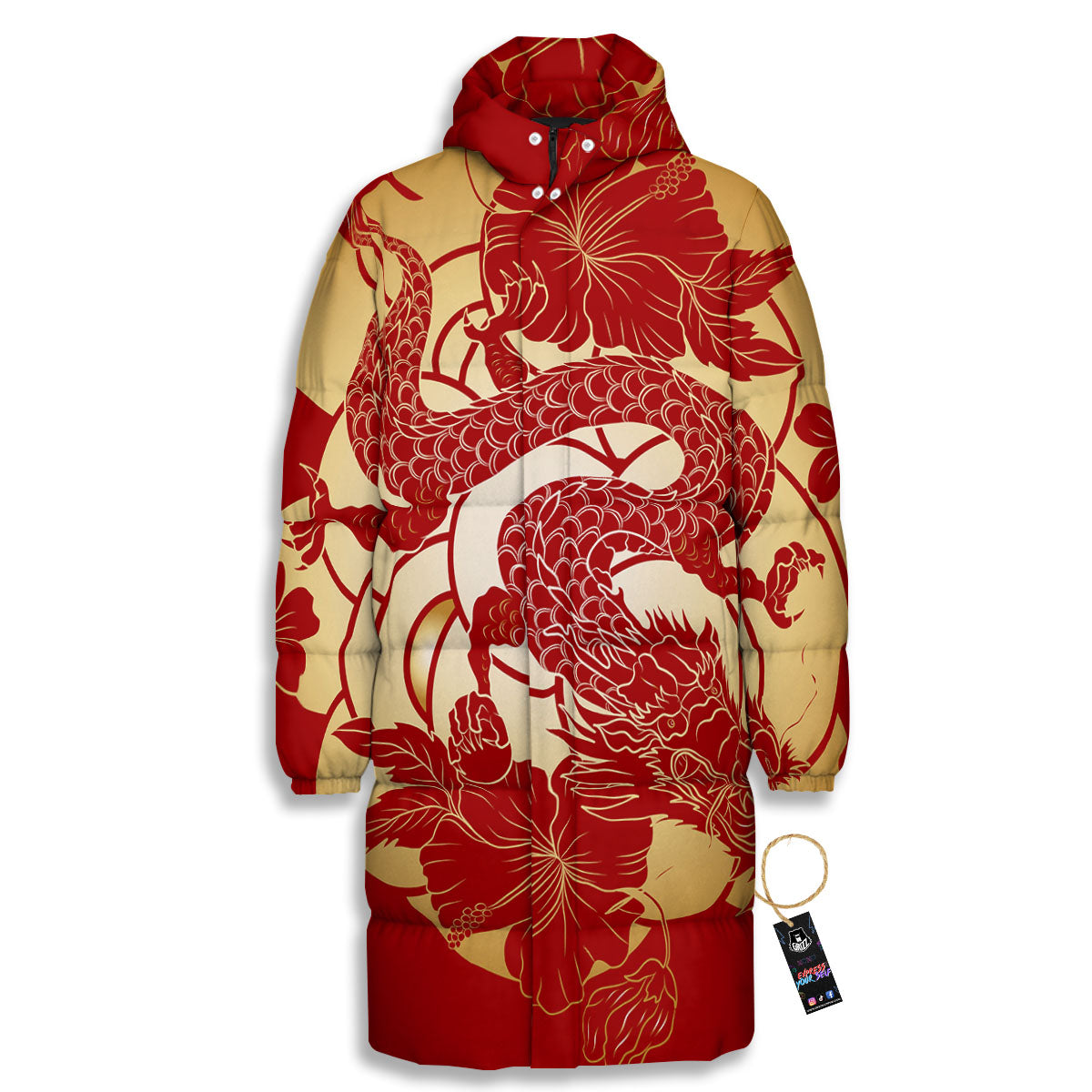 Dragon Tattoo Red Japanese Print Long Down Jacket-grizzshop
