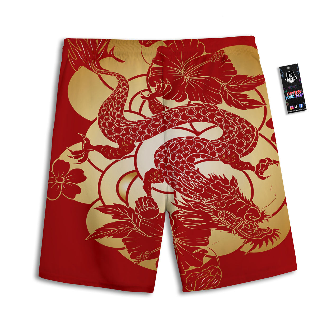 Dragon Tattoo Red Japanese Print Men's Athletic Shorts