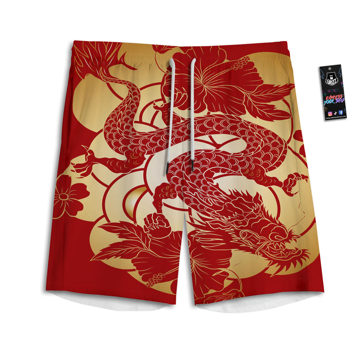 Dragon Tattoo Red Japanese Print Men's Athletic Shorts