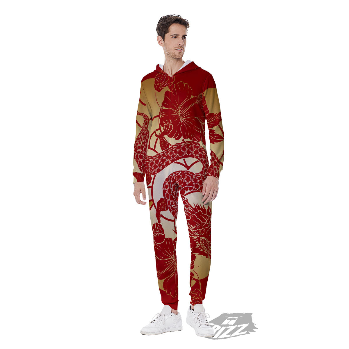 Dragon Tattoo Red Japanese Print Men's Jumpsuit-grizzshop