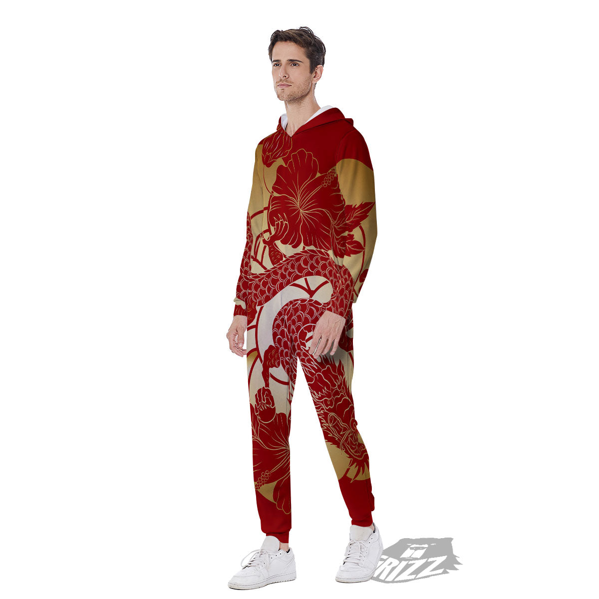 Dragon Tattoo Red Japanese Print Men's Jumpsuit-grizzshop