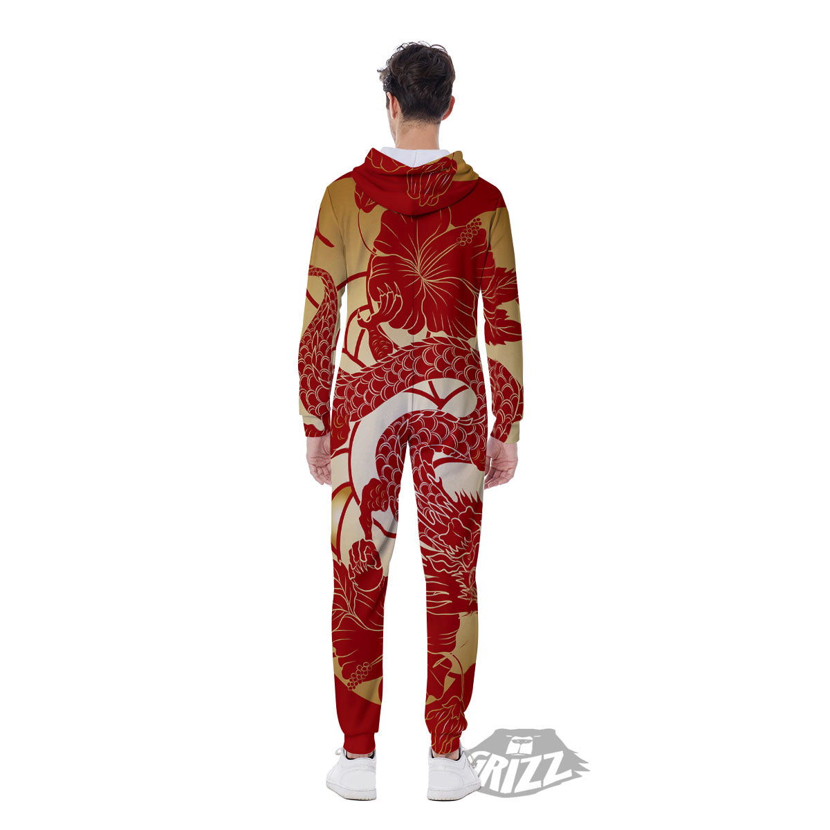 Dragon Tattoo Red Japanese Print Men's Jumpsuit-grizzshop