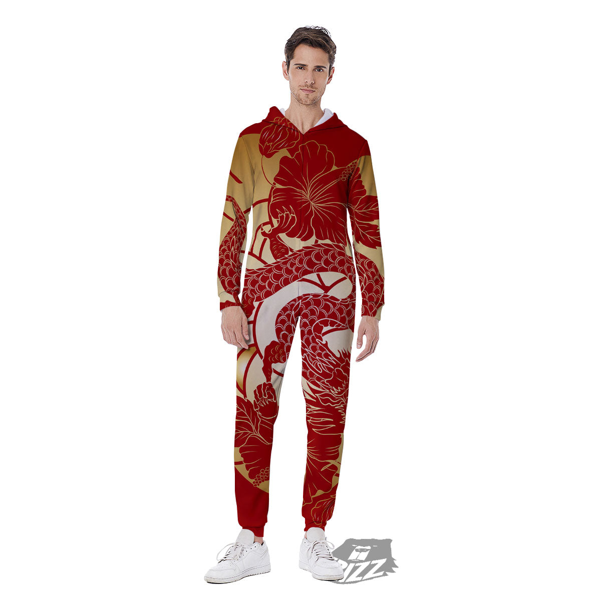 Dragon Tattoo Red Japanese Print Men's Jumpsuit-grizzshop