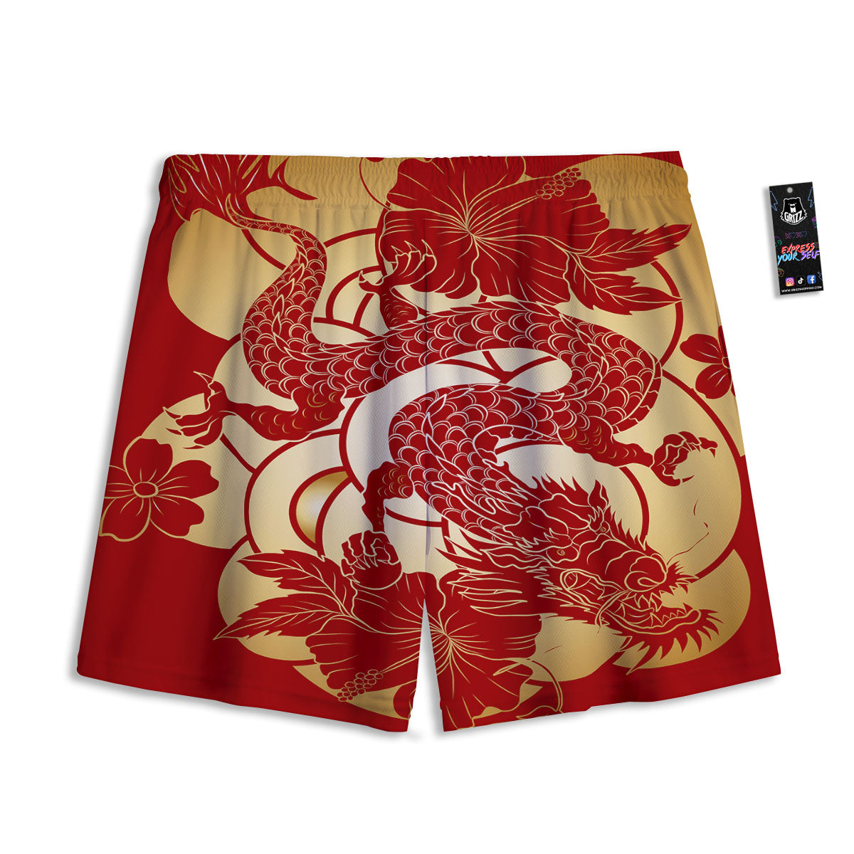 Dragon Tattoo Red Japanese Print Mesh Shorts