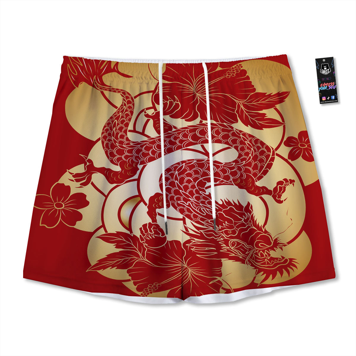 Dragon Tattoo Red Japanese Print Mesh Shorts