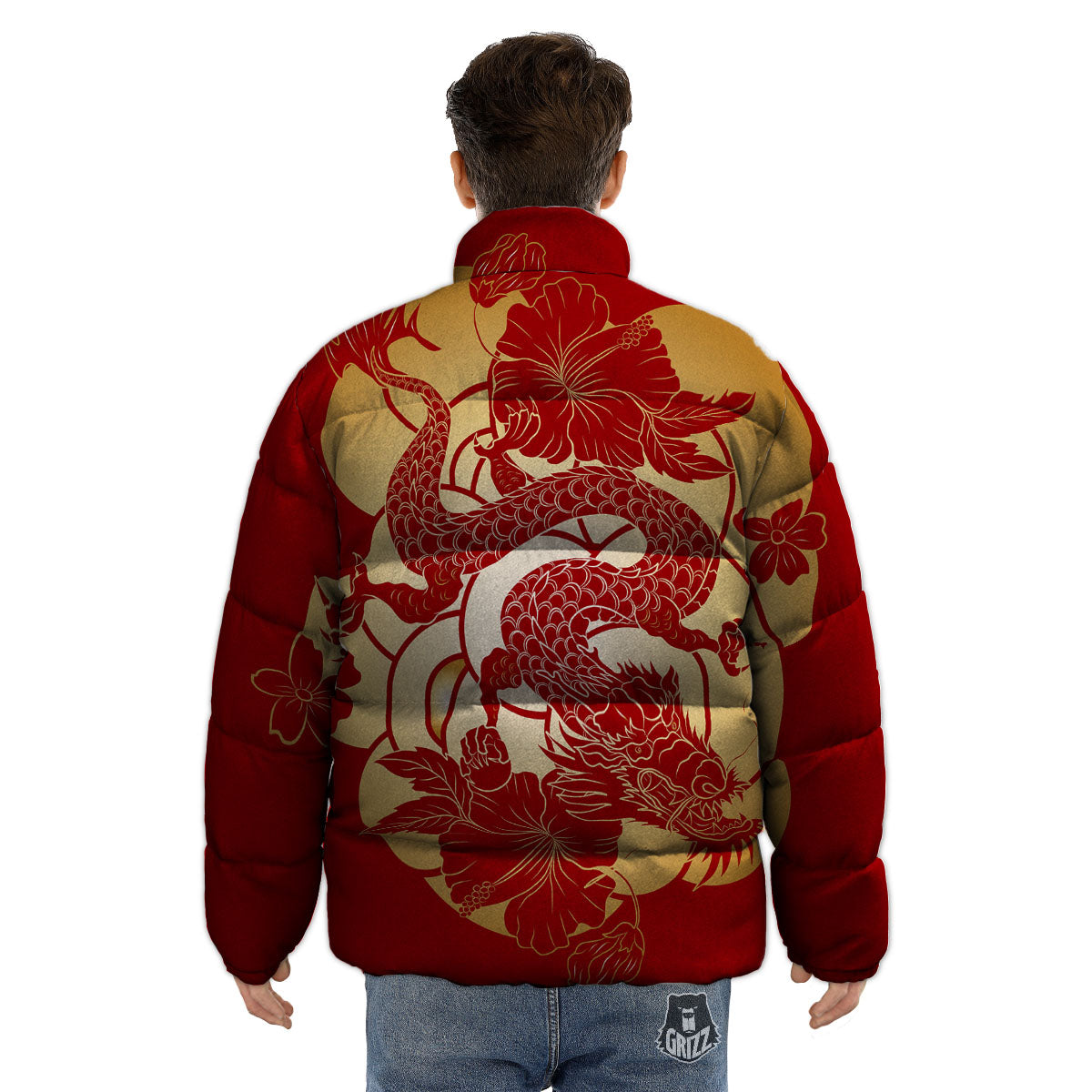 Dragon Tattoo Red Japanese Print Puffer Jacket-grizzshop