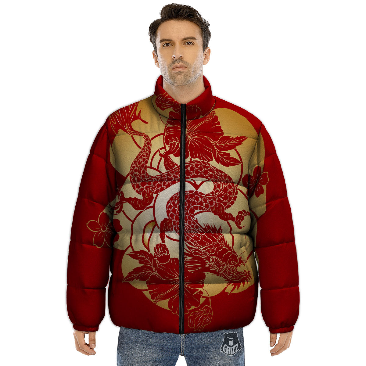 Dragon Tattoo Red Japanese Print Puffer Jacket-grizzshop