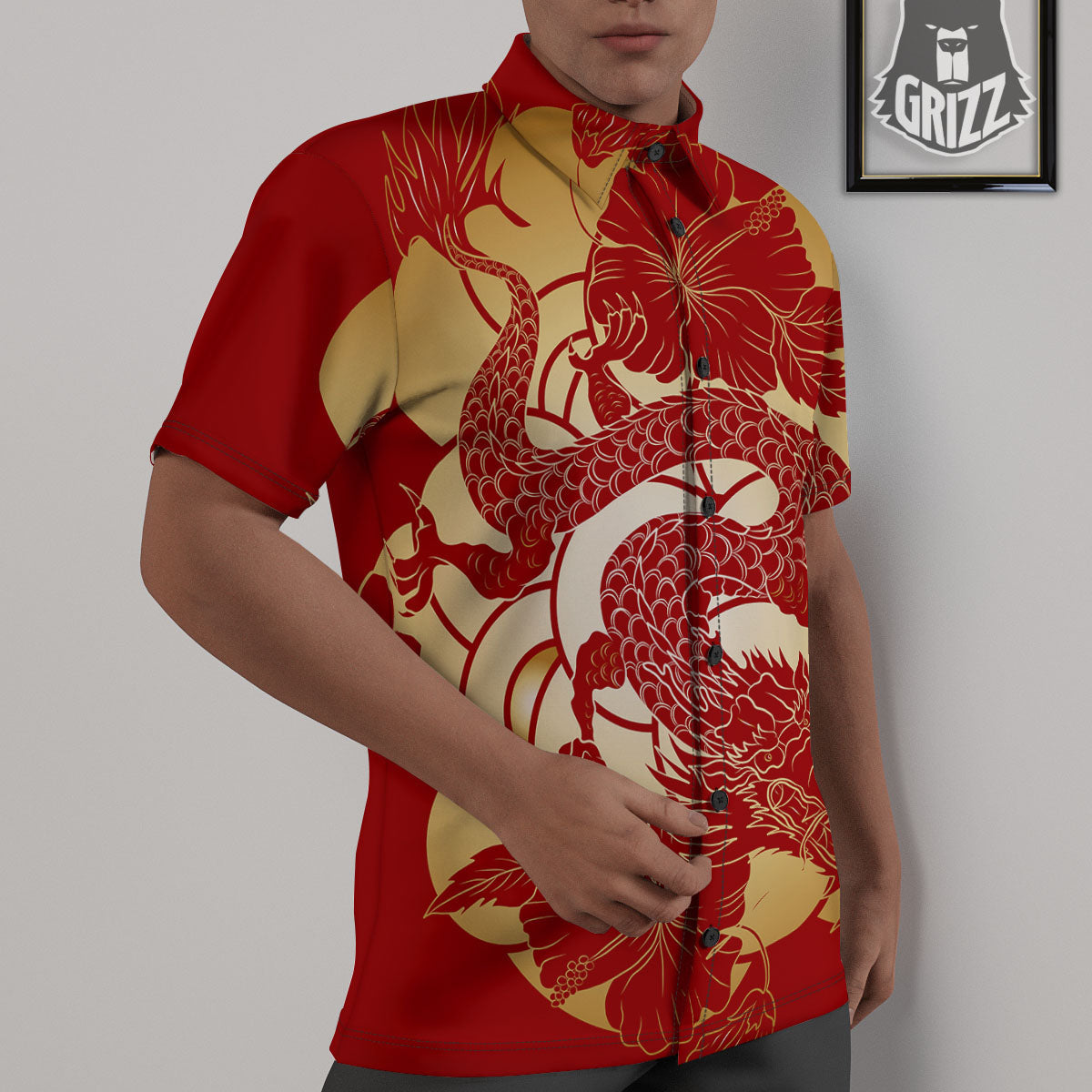 Dragon Tattoo Red Japanese Print Untucked Shirts-grizzshop