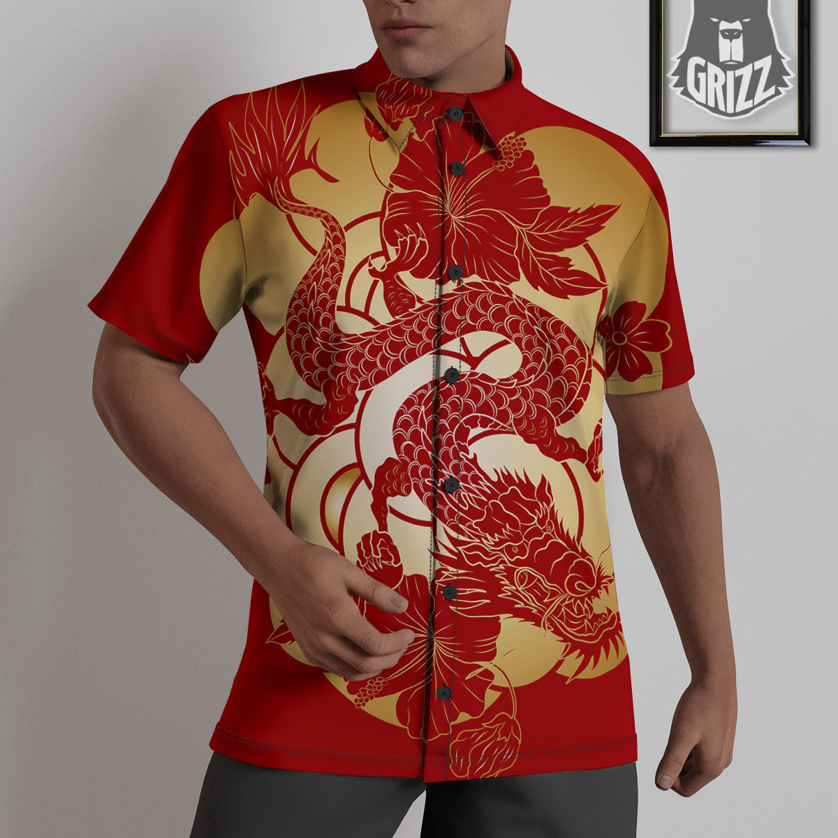 Dragon Tattoo Red Japanese Print Untucked Shirts-grizzshop