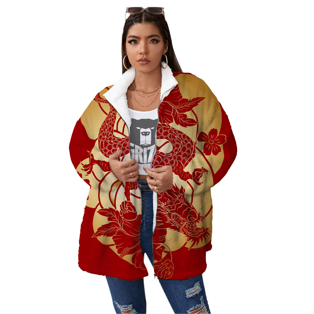 Dragon Tattoo Red Japanese Print Women's Sherpa Jacket-grizzshop