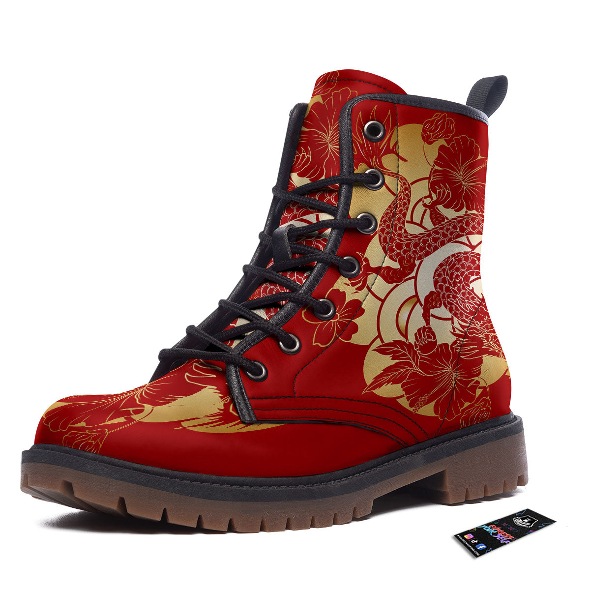 Dragon Tattoo Red Japanese Print Work Boots-grizzshop