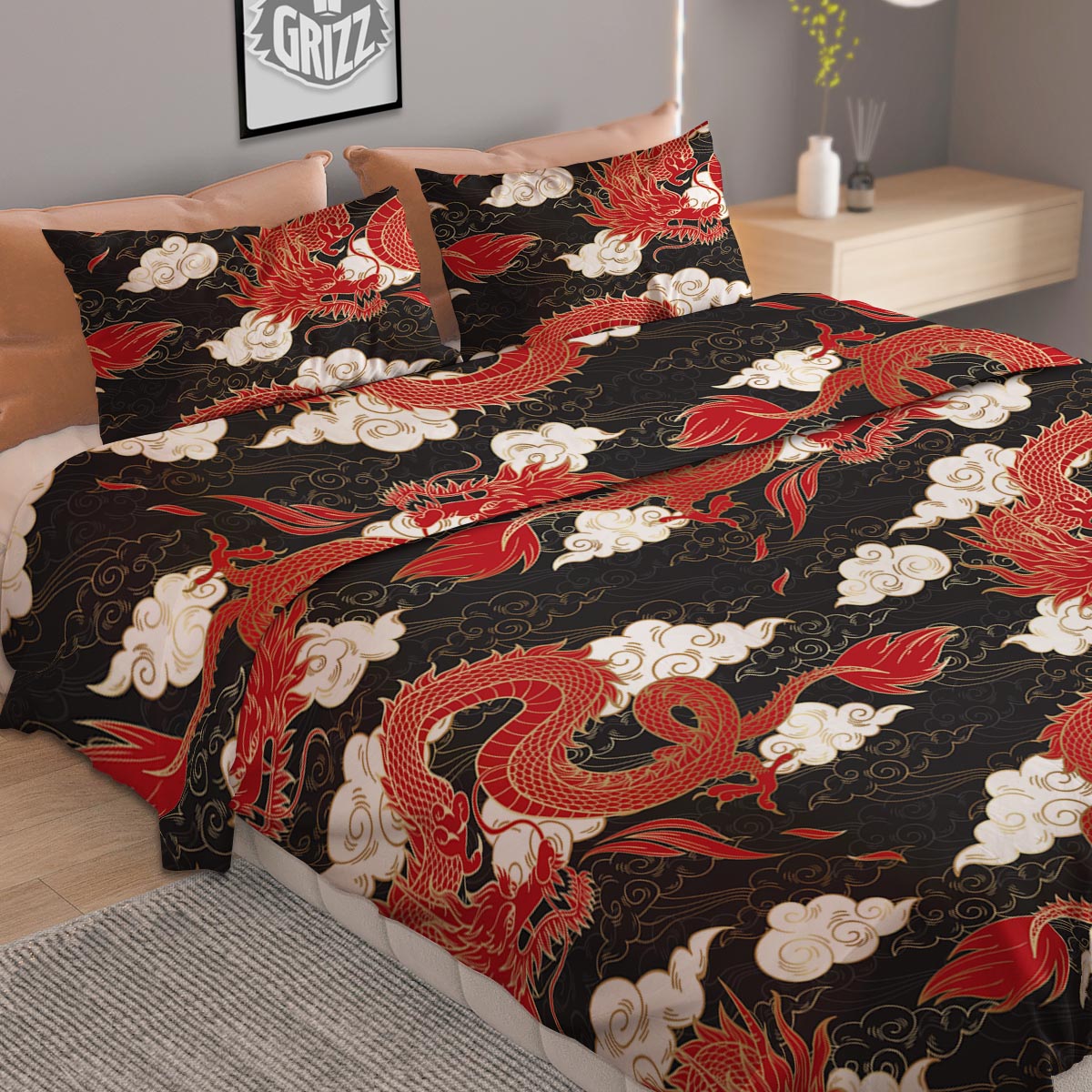 Dragon Traditional Chinese Print Pattern Duvet Cover Bedding Set