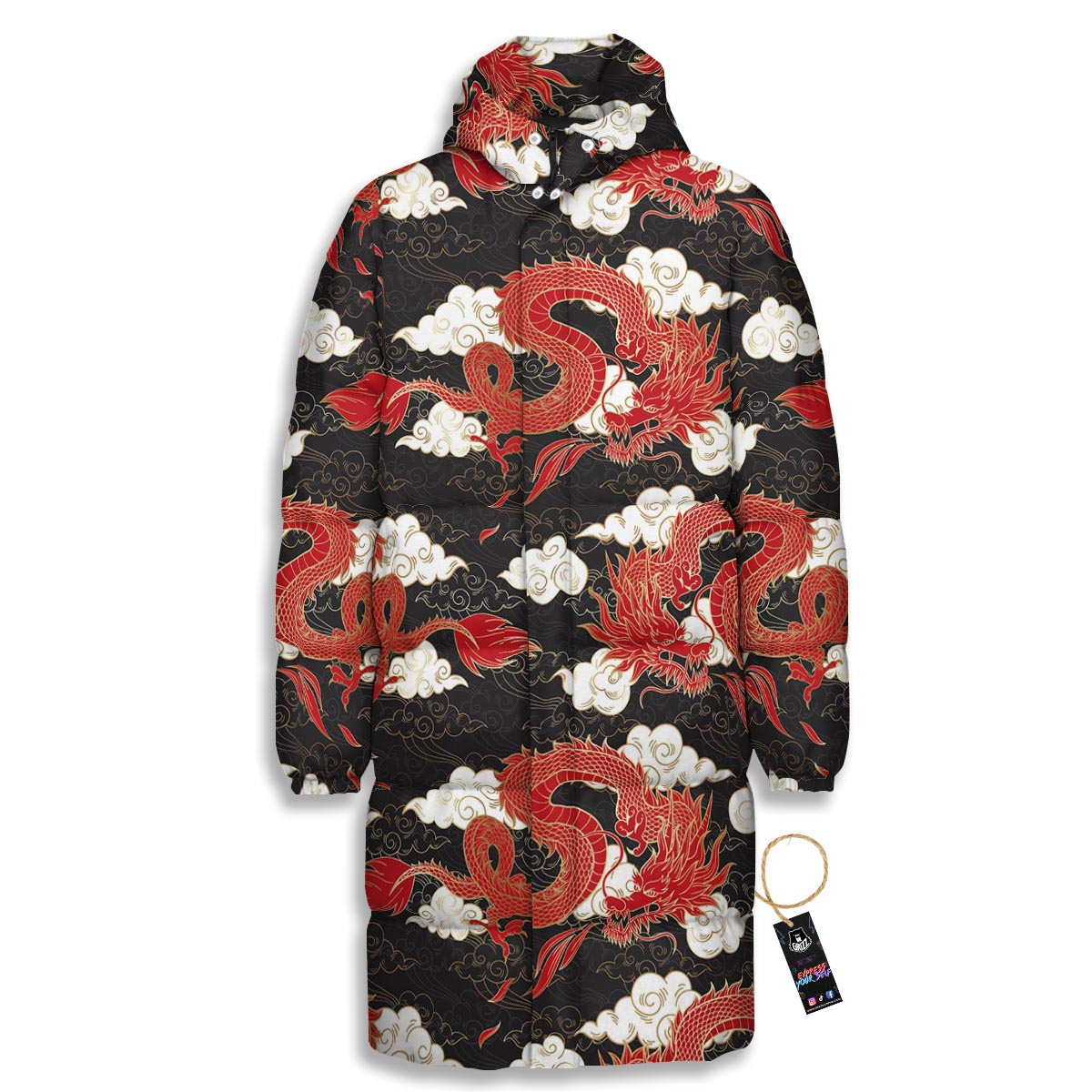 Dragon Traditional Chinese Print Pattern Long Down Jacket-grizzshop
