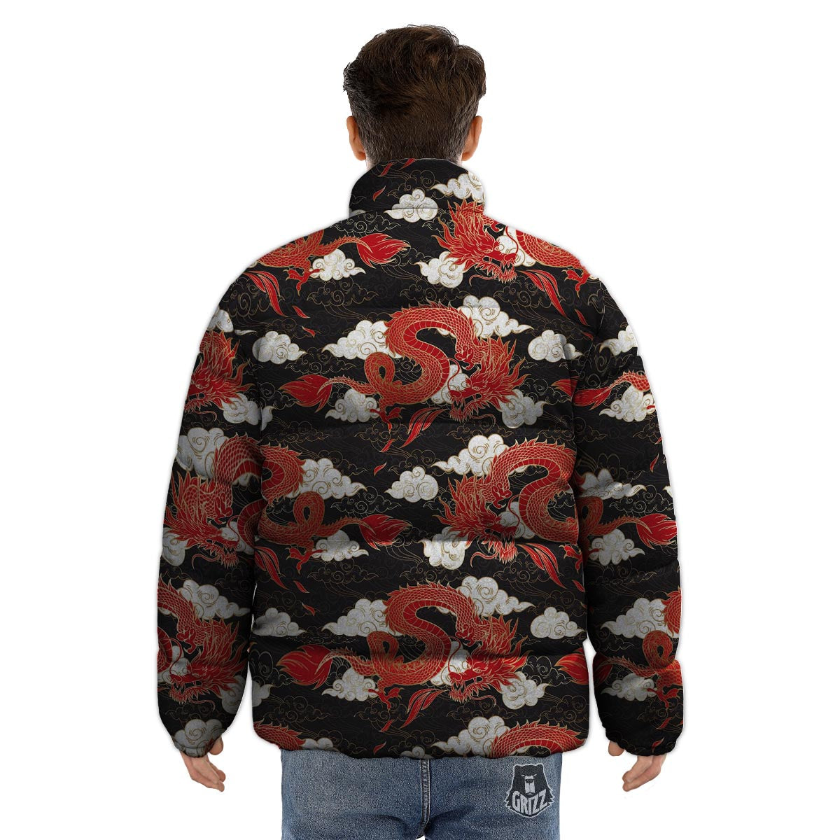 Dragon Traditional Chinese Print Pattern Puffer Jacket-grizzshop