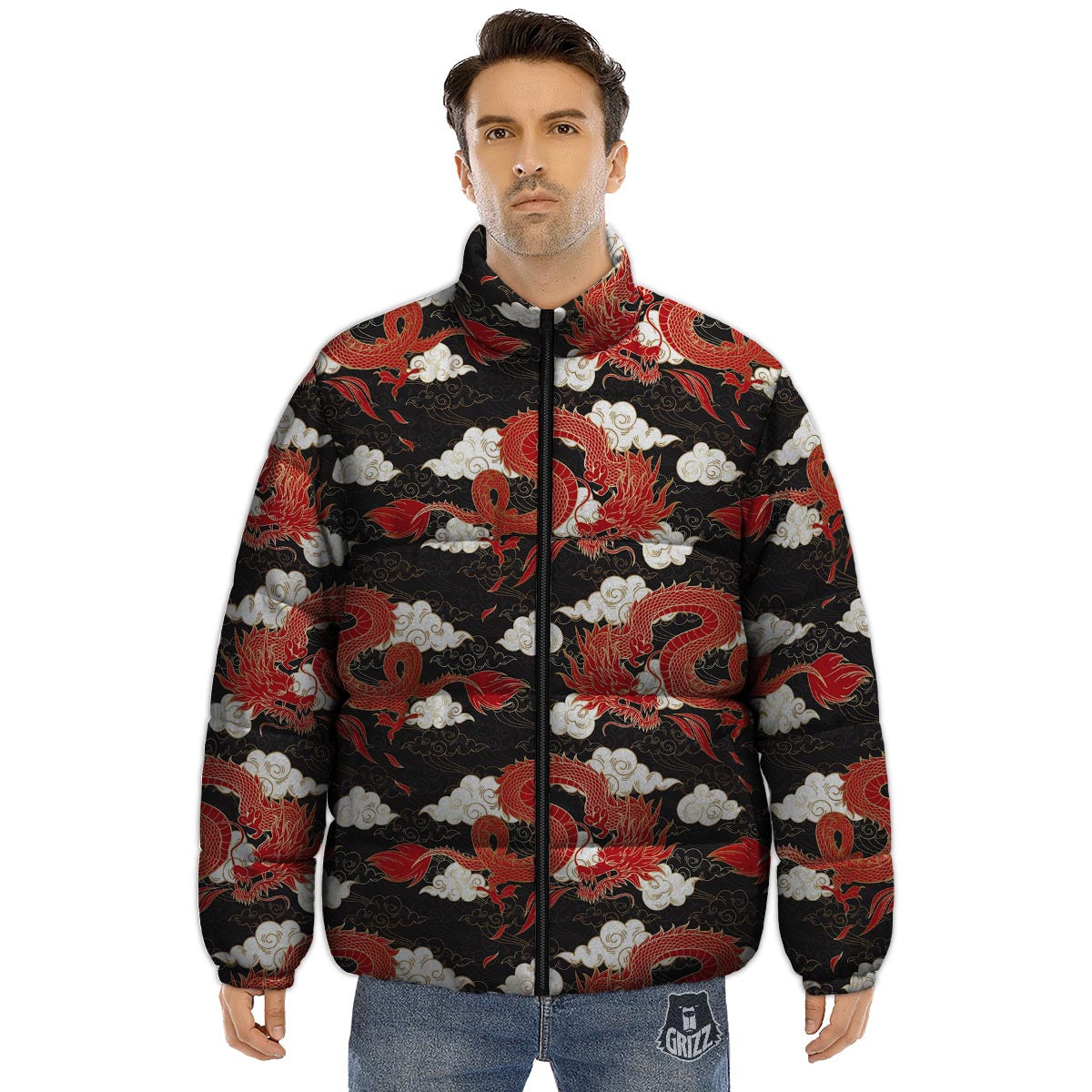 Dragon Traditional Chinese Print Pattern Puffer Jacket-grizzshop
