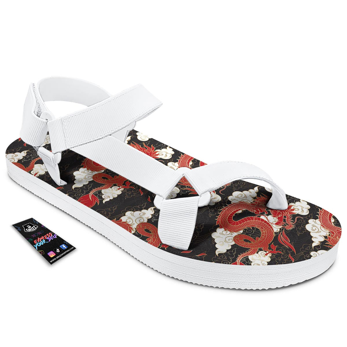 Dragon Traditional Chinese Print Pattern White Open Toe Sandals-grizzshop
