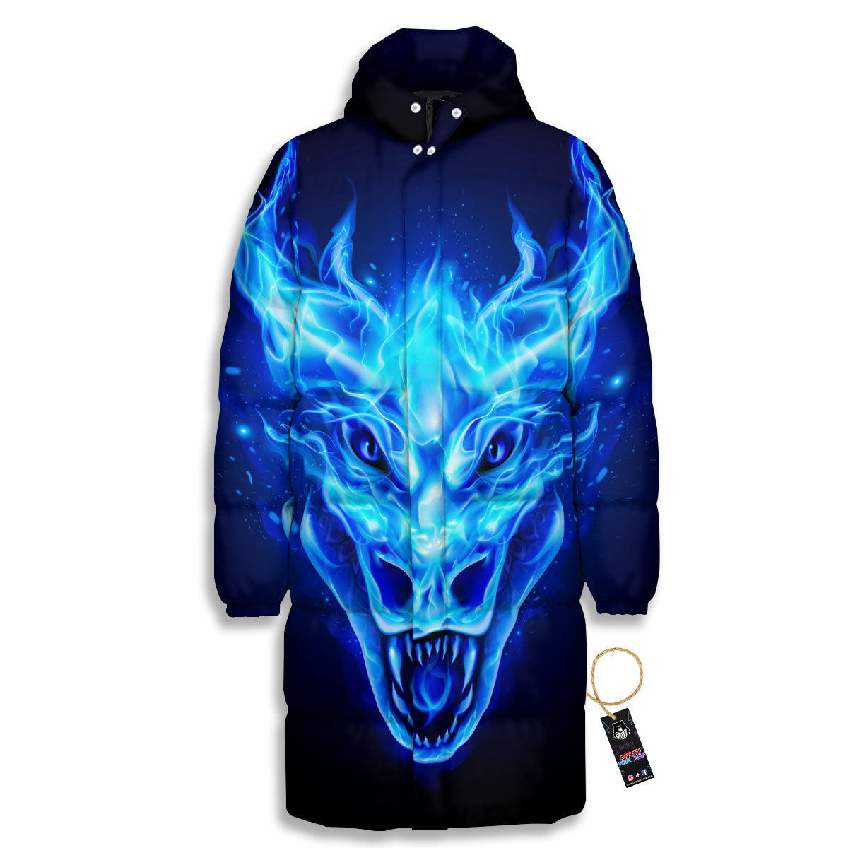 Dragon Head in Blue Flame Print Long Down Jacket