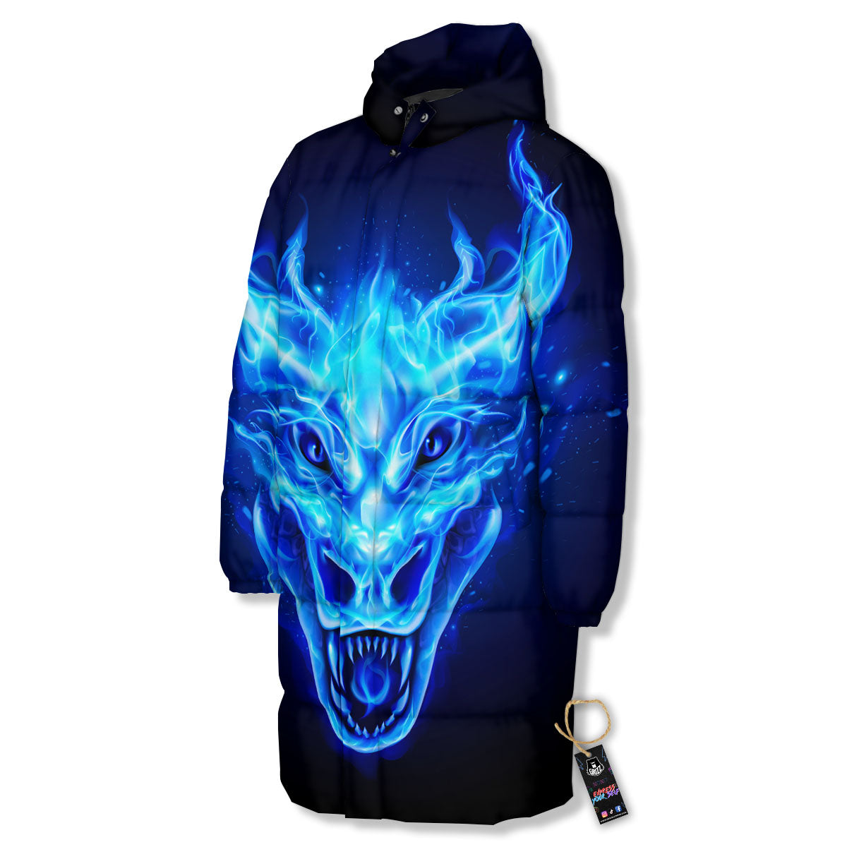 Dragon Head in Blue Flame Print Long Down Jacket