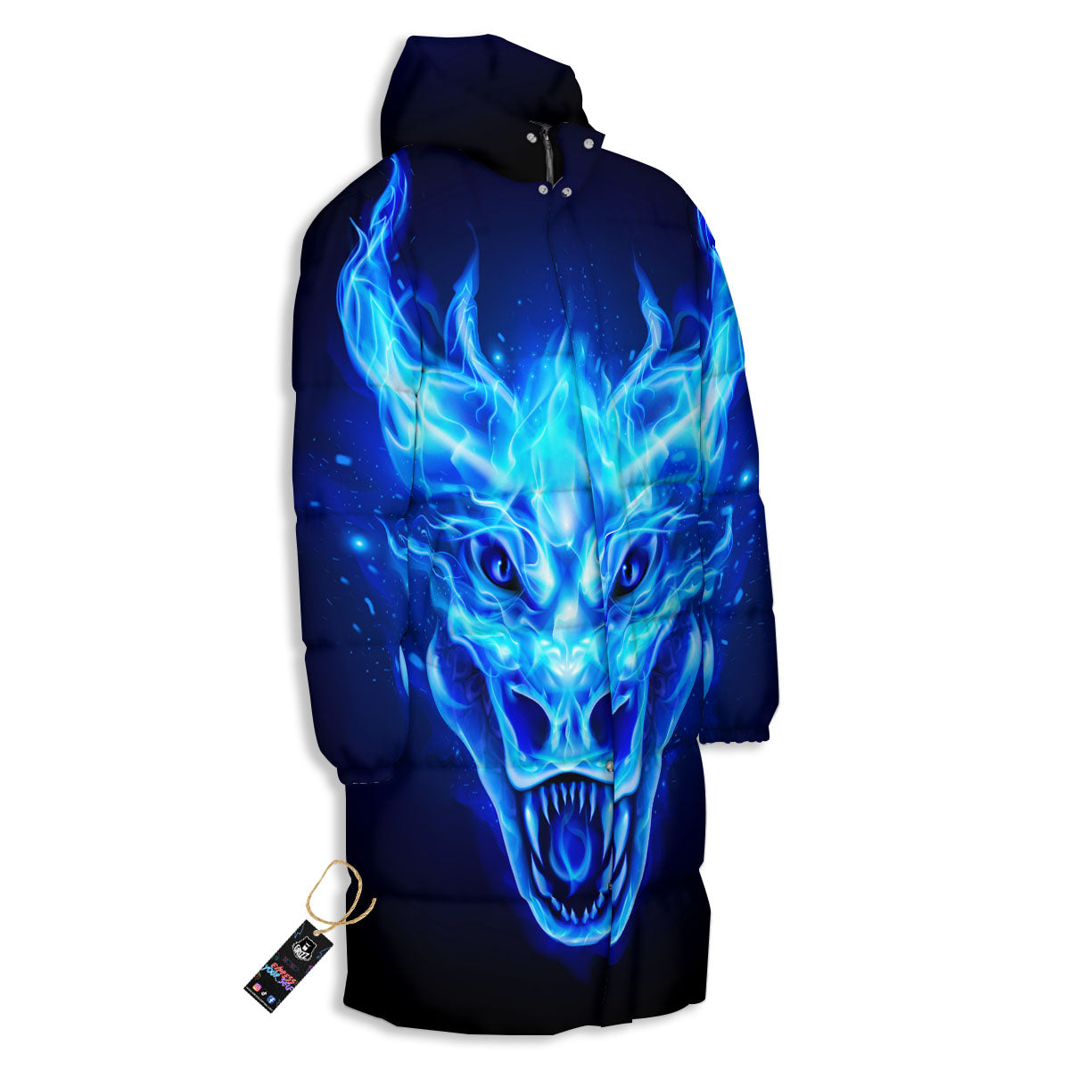 Dragon Head in Blue Flame Print Long Down Jacket