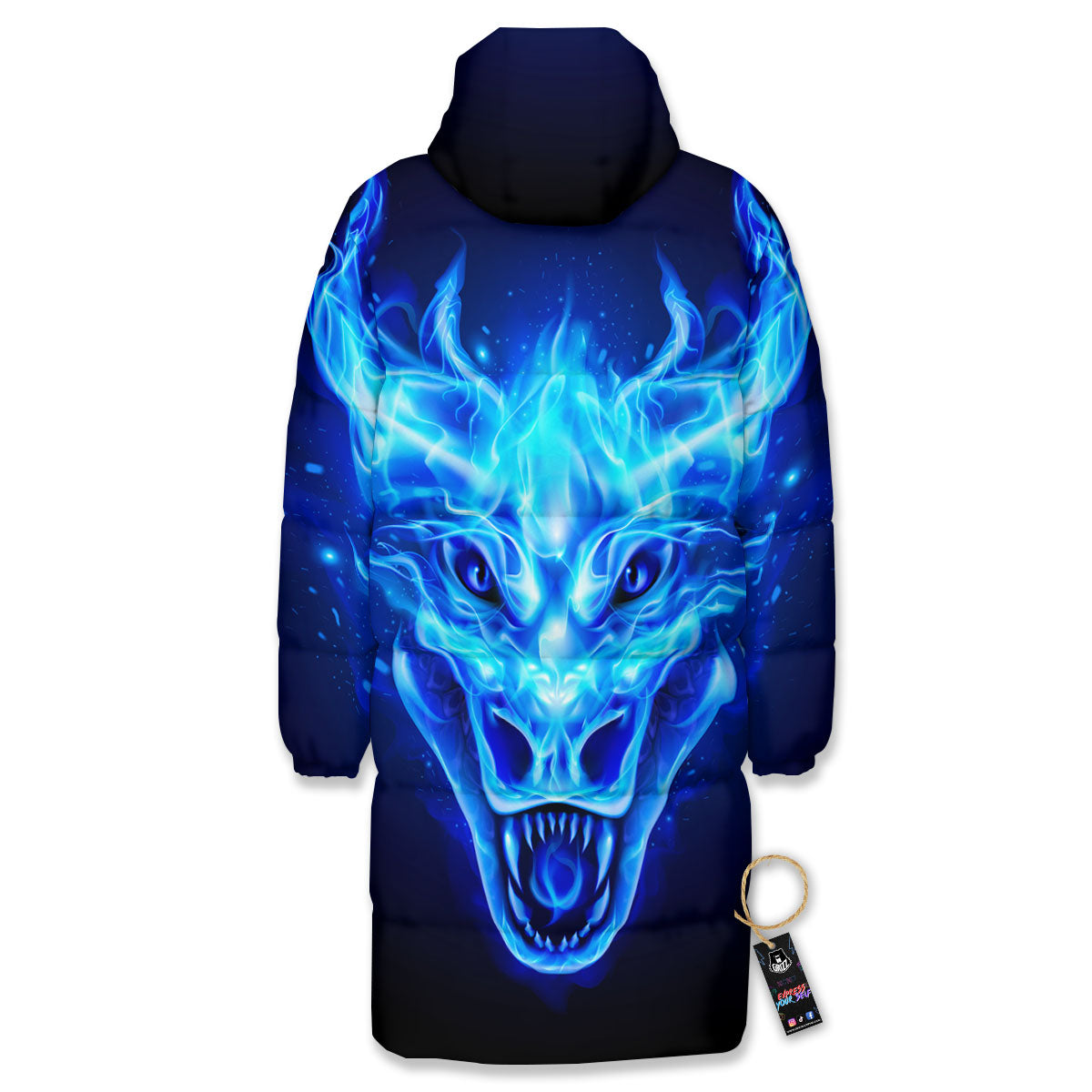 Dragon Head in Blue Flame Print Long Down Jacket