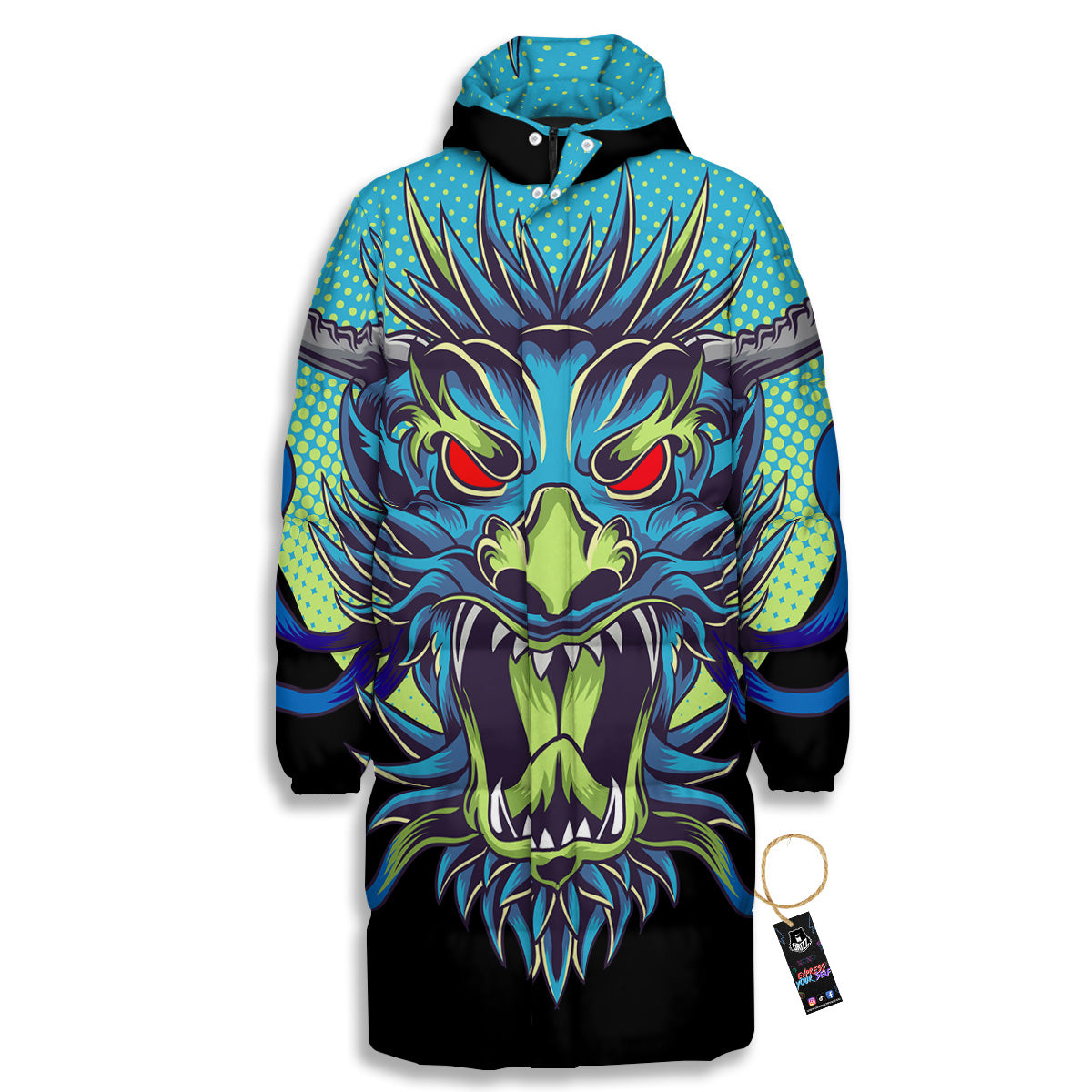 Dragon Tattoo Blue Japanese Print Long Down Jacket