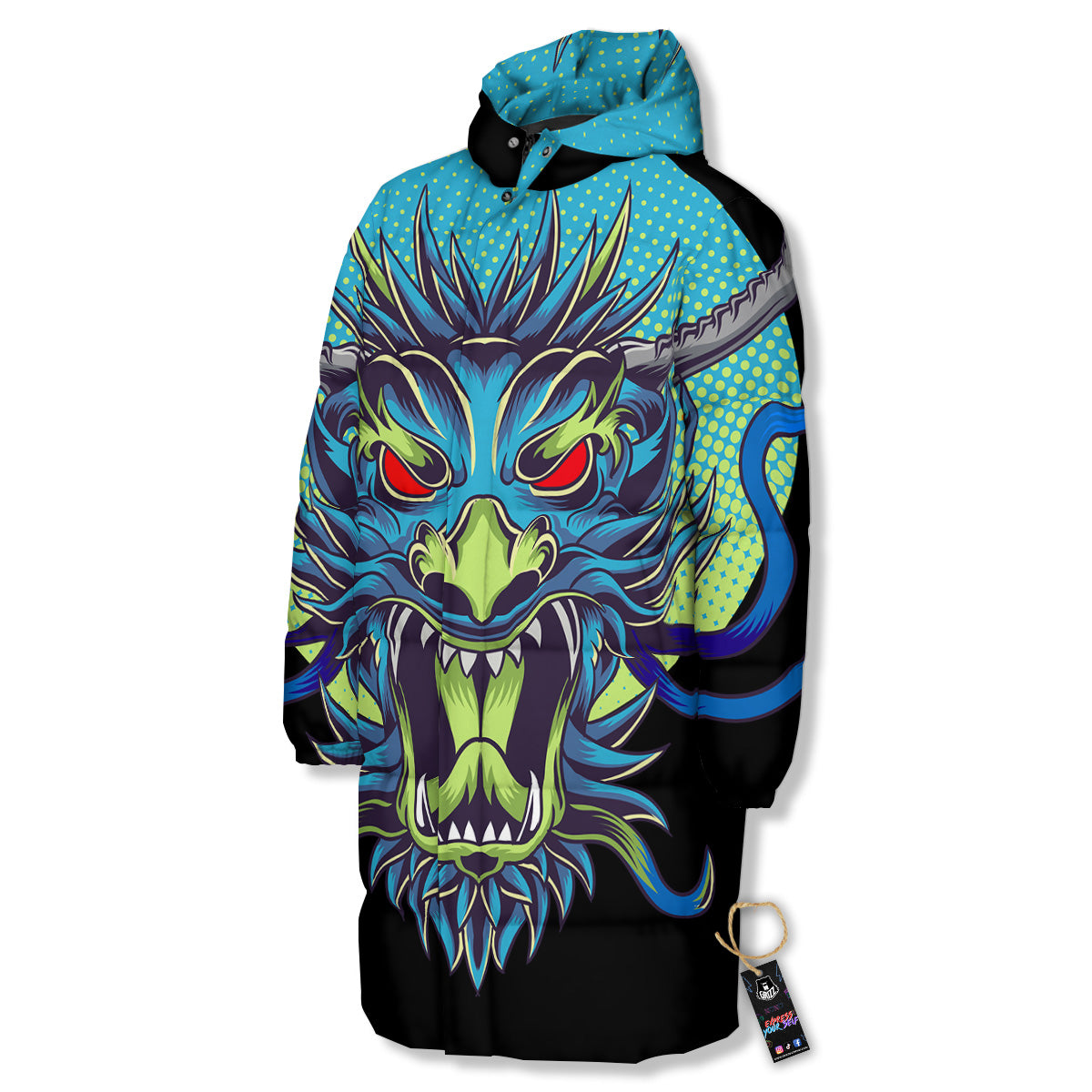 Dragon Tattoo Blue Japanese Print Long Down Jacket