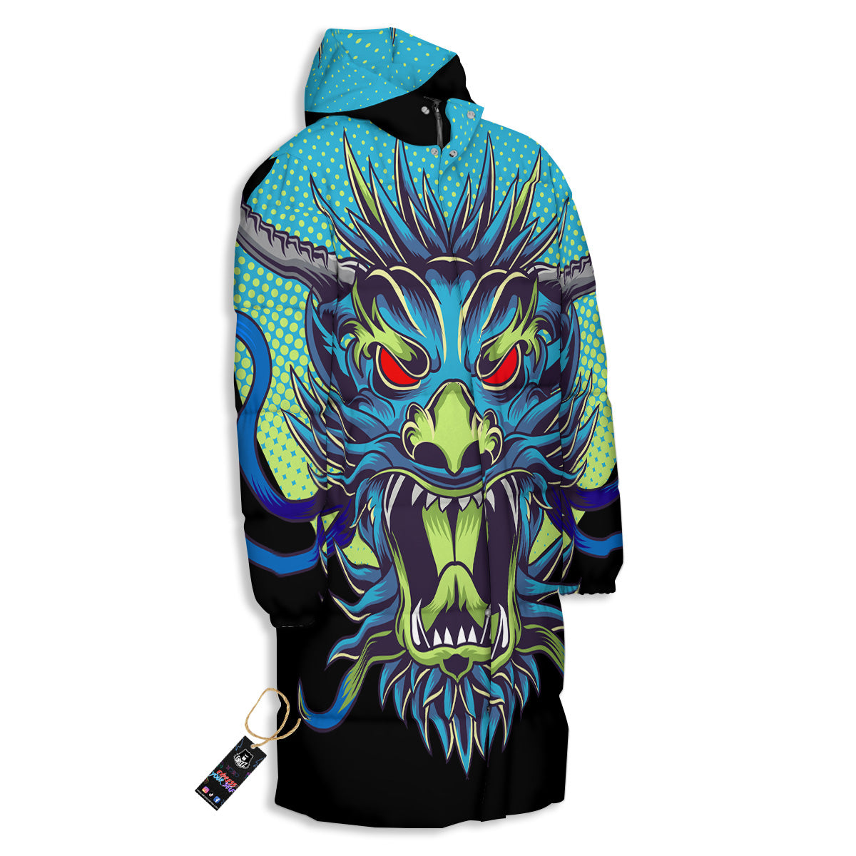 Dragon Tattoo Blue Japanese Print Long Down Jacket