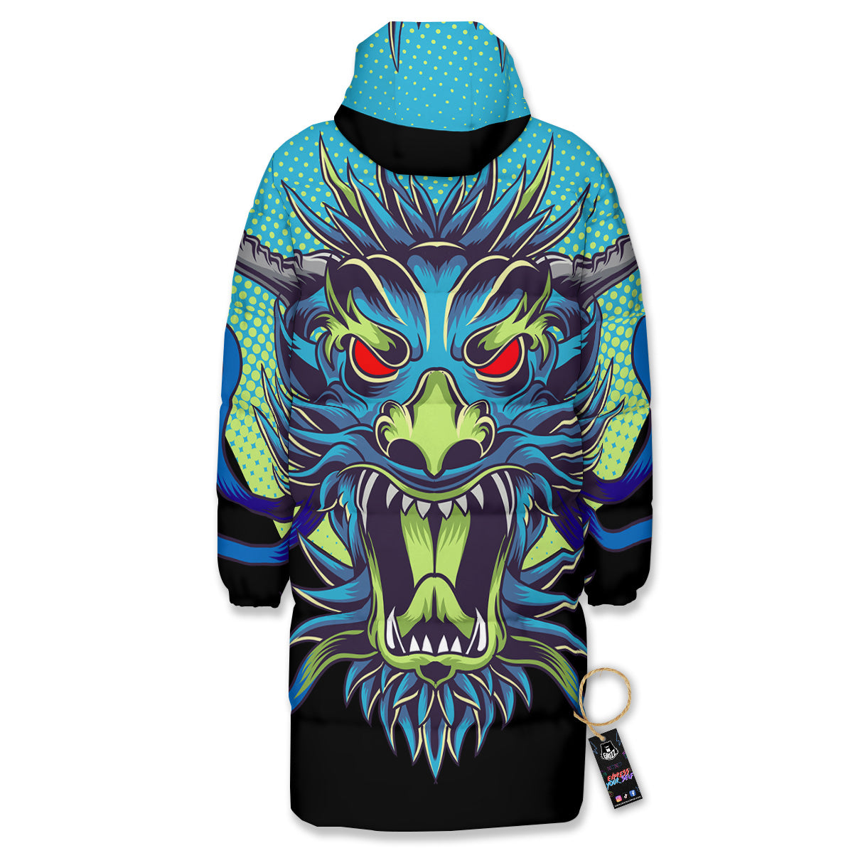 Dragon Tattoo Blue Japanese Print Long Down Jacket