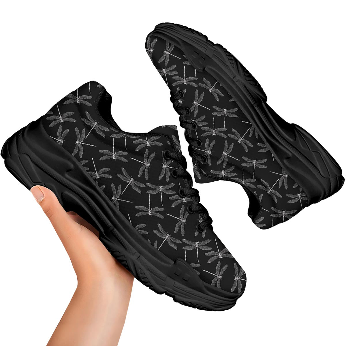 Dragonfly Black Print Pattern Black Chunky Shoes-grizzshop