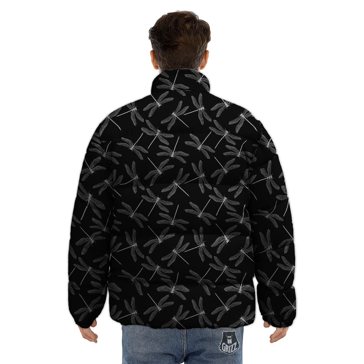 Dragonfly Black Print Pattern Puffer Jacket-grizzshop