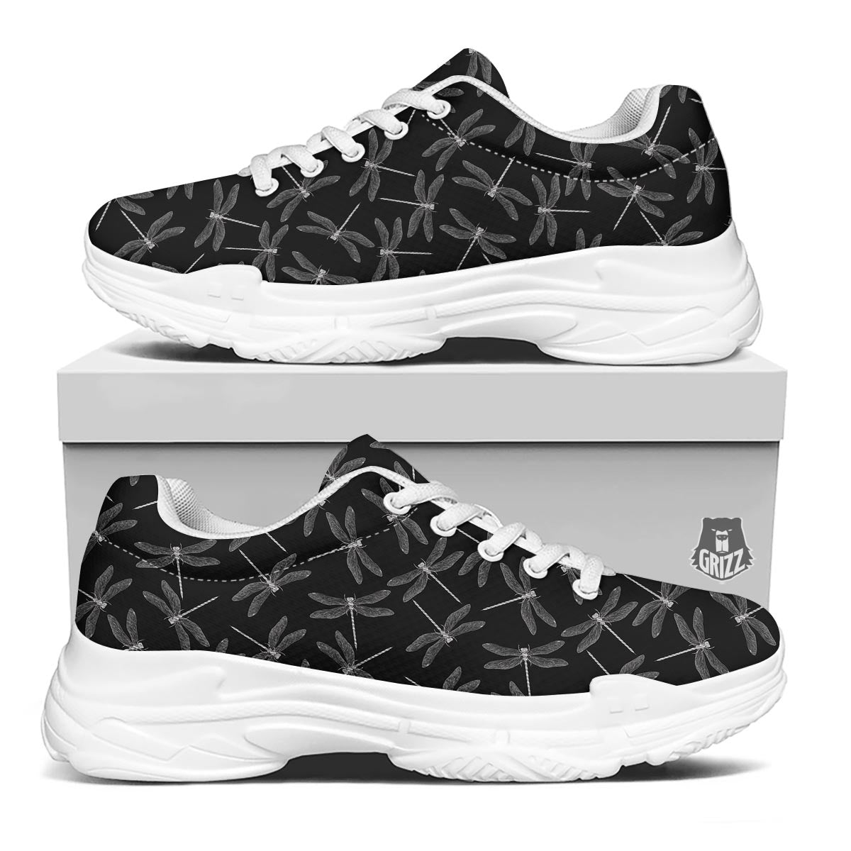 Dragonfly Black Print Pattern White Chunky Shoes-grizzshop
