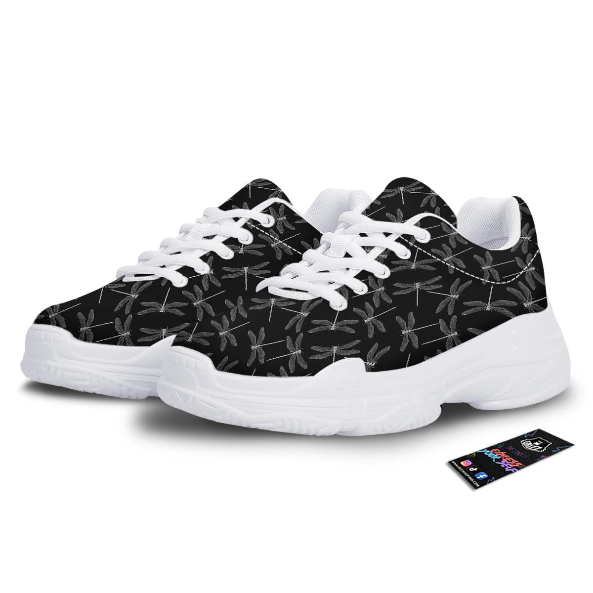 Dragonfly Black Print Pattern White Chunky Shoes-grizzshop