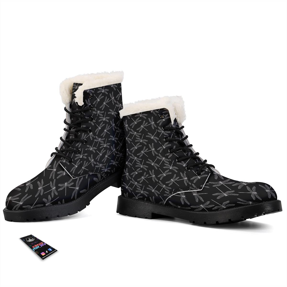 Dragonfly Black Print Pattern Winter Boots-grizzshop
