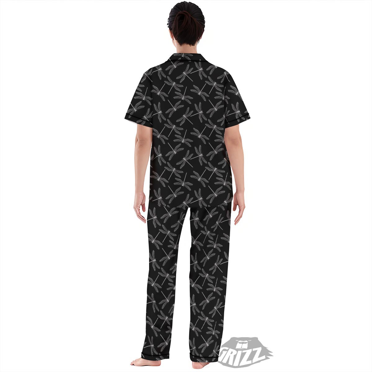 Dragonfly Black Print Pattern Women's Pajamas Set-grizzshop