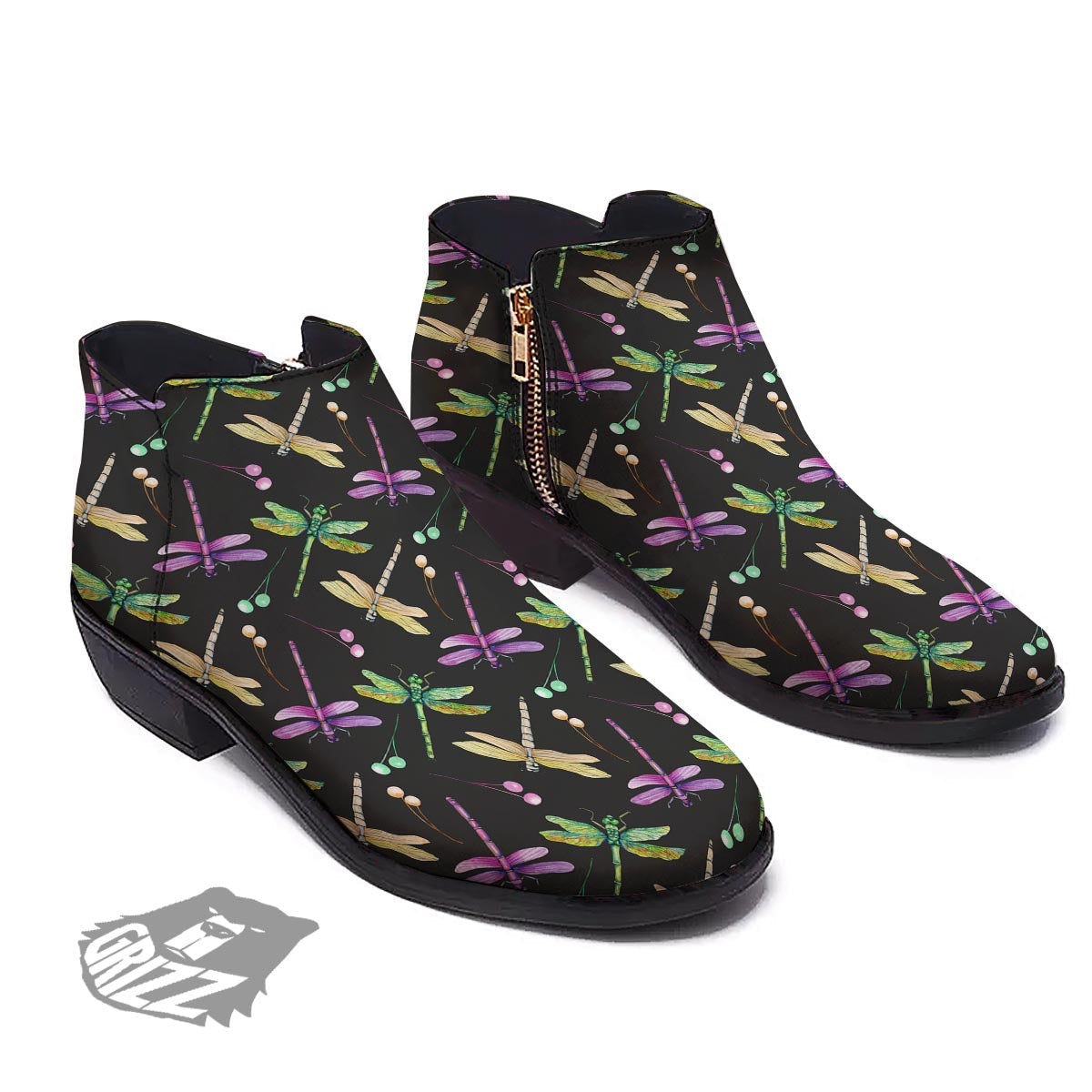 Dragonfly Black Purple And Teal Print Pattern Ankle Boots-grizzshop