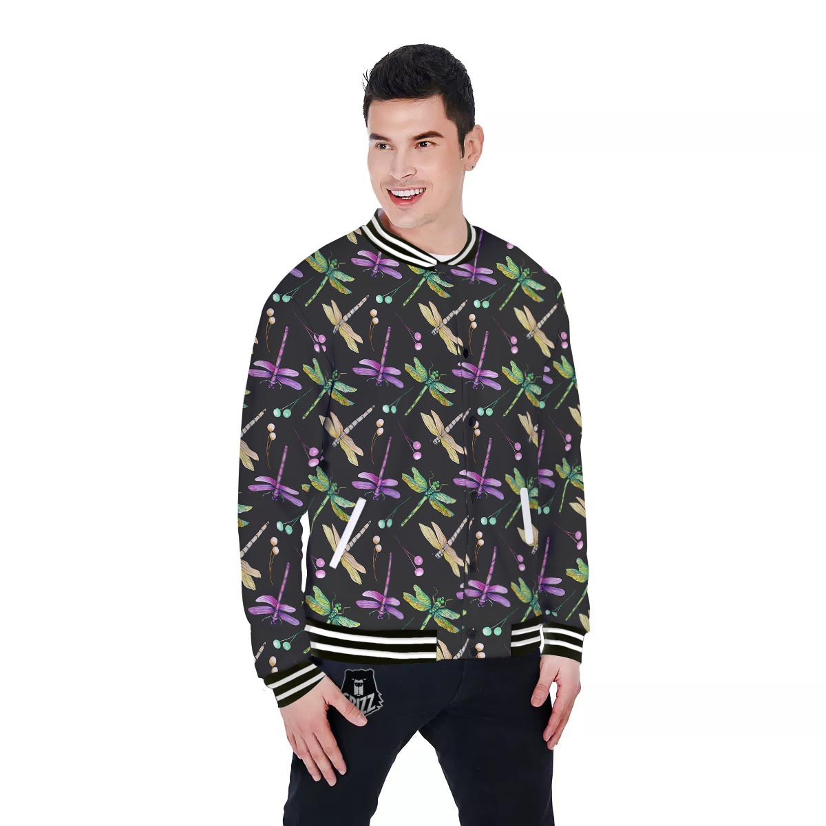 Dragonfly Black Purple And Teal Print Pattern Baseball Jacket-grizzshop