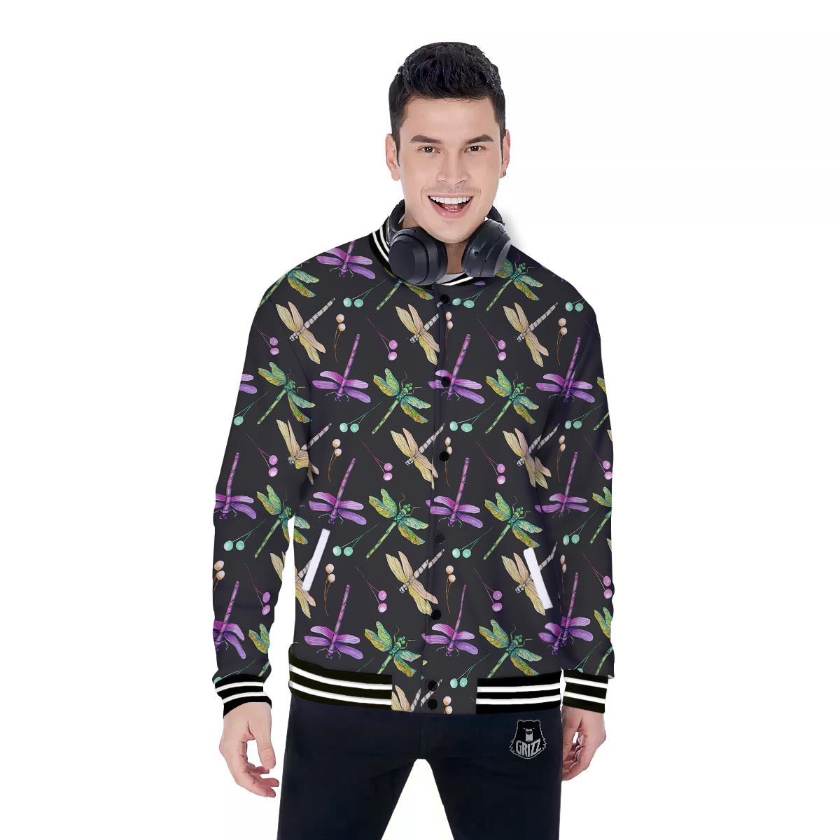 Dragonfly Black Purple And Teal Print Pattern Baseball Jacket-grizzshop