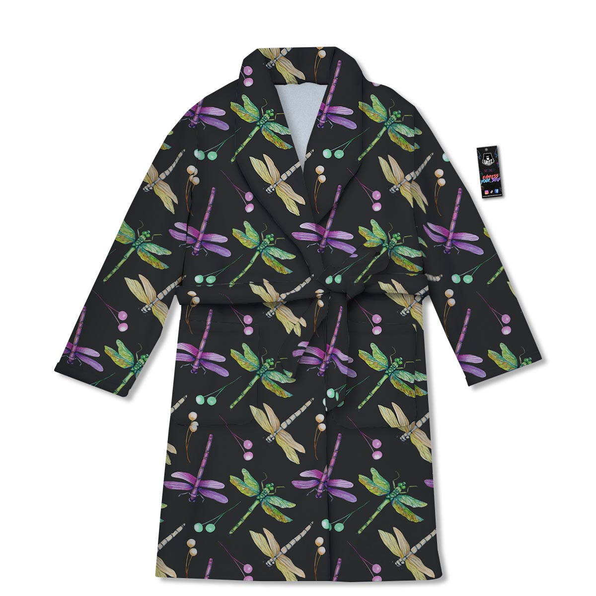 Dragonfly Black Purple And Teal Print Pattern Bathrobe-grizzshop