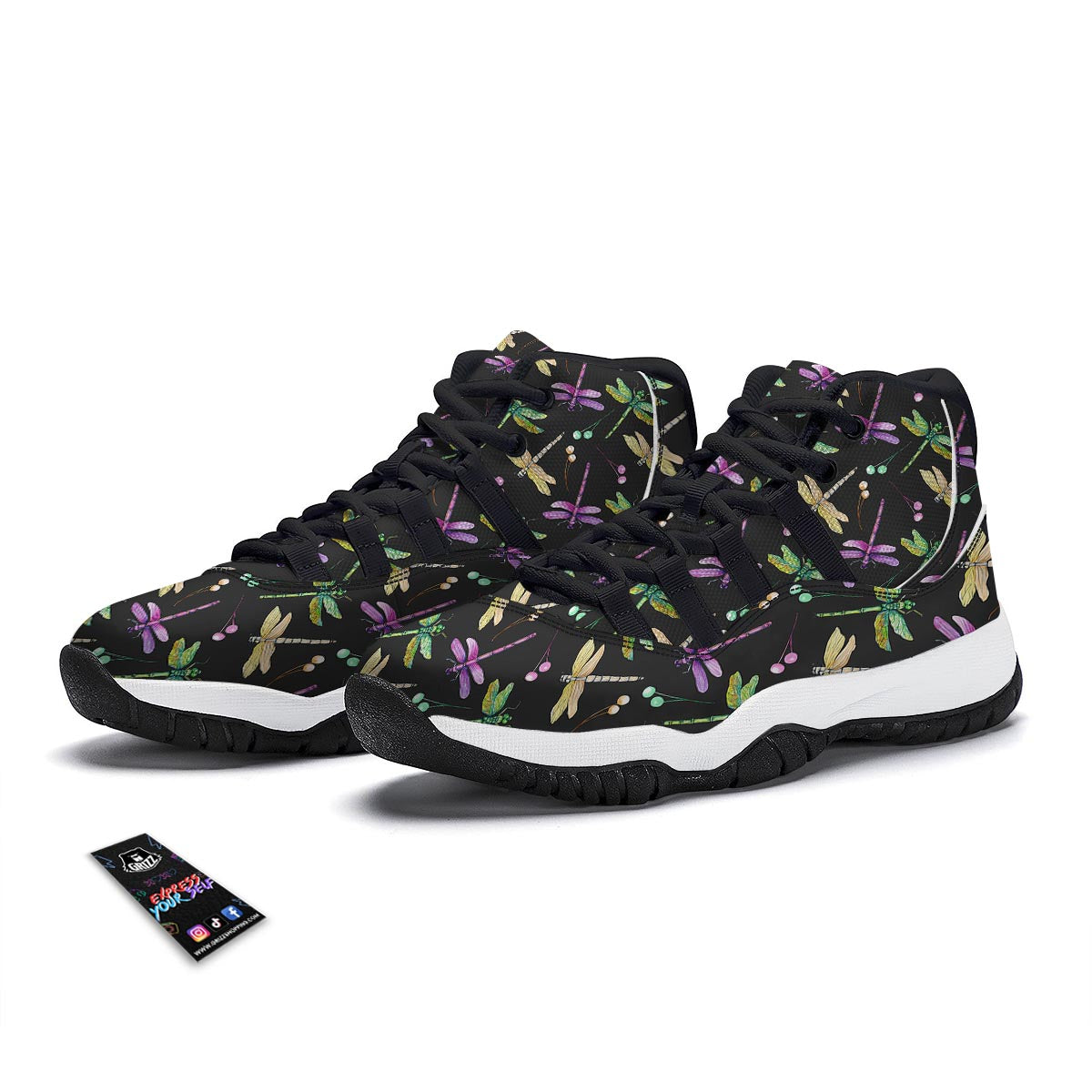 Dragonfly Black Purple And Teal Print Pattern Black Bball Shoes-grizzshop