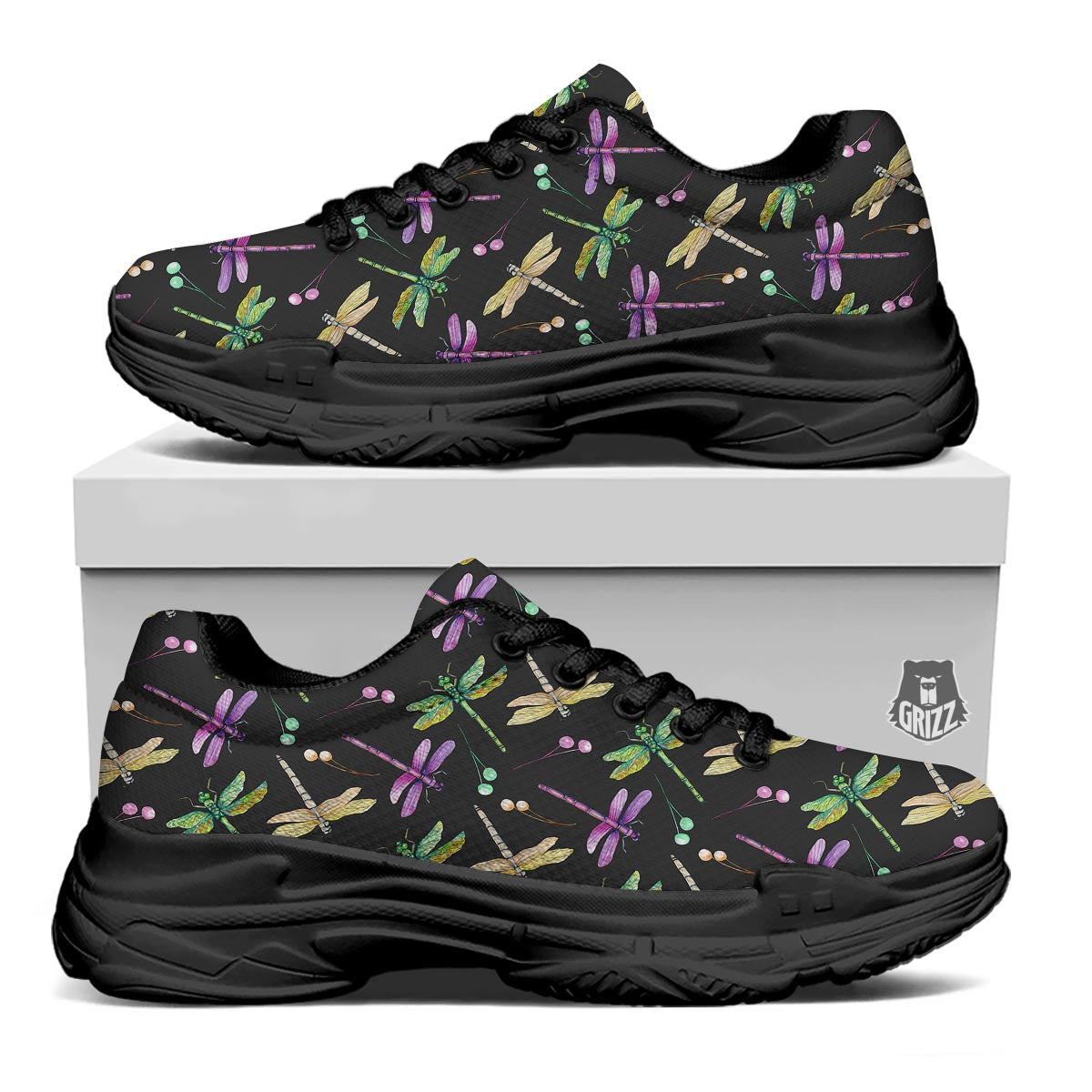 Dragonfly Black Purple And Teal Print Pattern Black Chunky Shoes-grizzshop