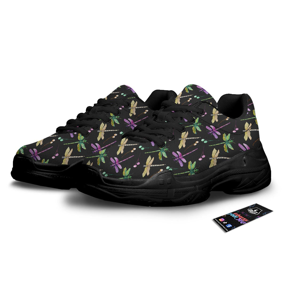 Dragonfly Black Purple And Teal Print Pattern Black Chunky Shoes-grizzshop