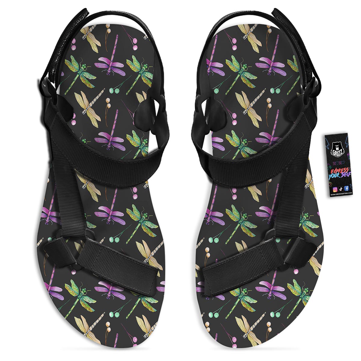 Dragonfly Black Purple And Teal Print Pattern Black Open Toe Sandals-grizzshop