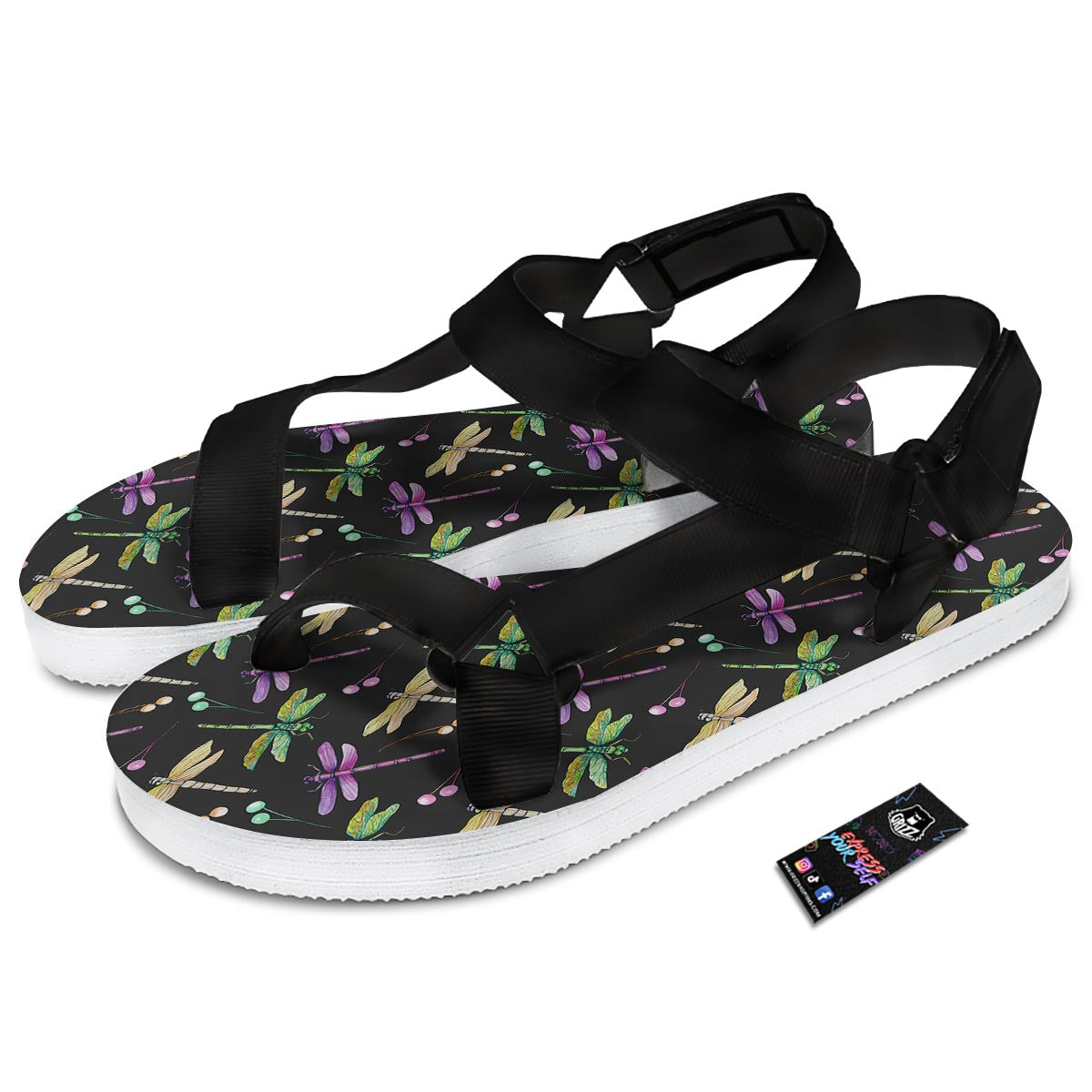 Dragonfly Black Purple And Teal Print Pattern Black Open Toe Sandals-grizzshop