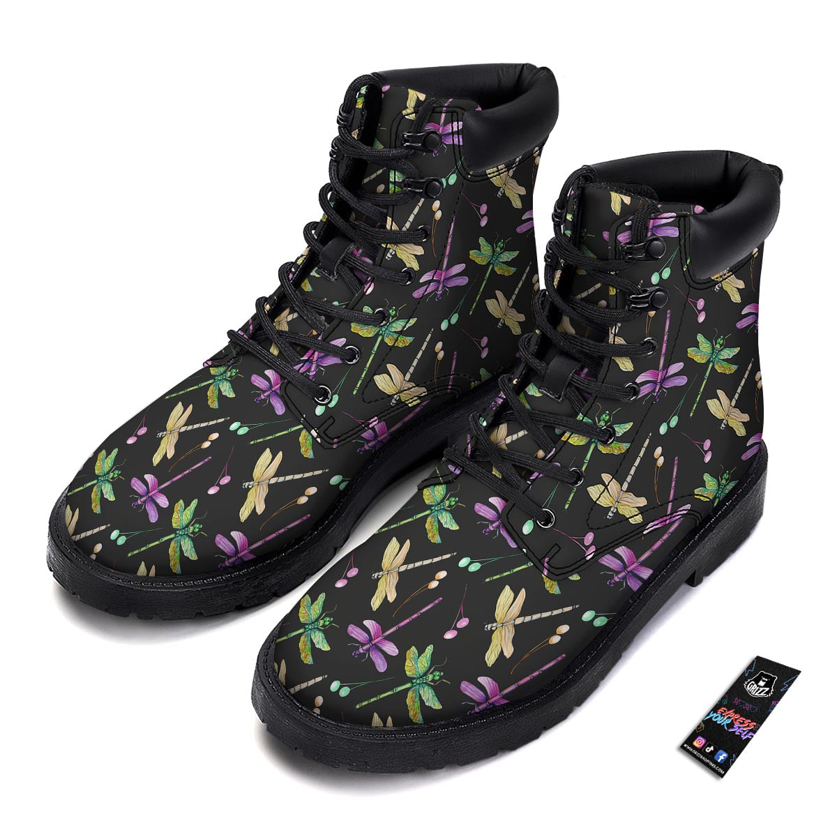 Dragonfly Black Purple And Teal Print Pattern Boots-grizzshop