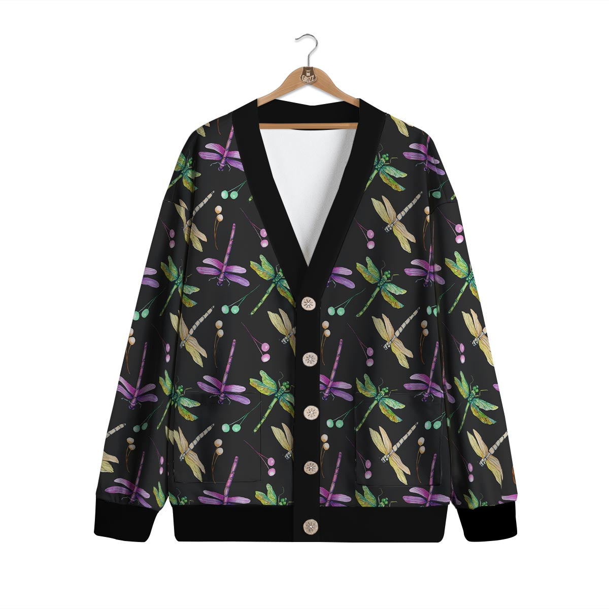 Dragonfly Black Purple And Teal Print Pattern Cardigan-grizzshop