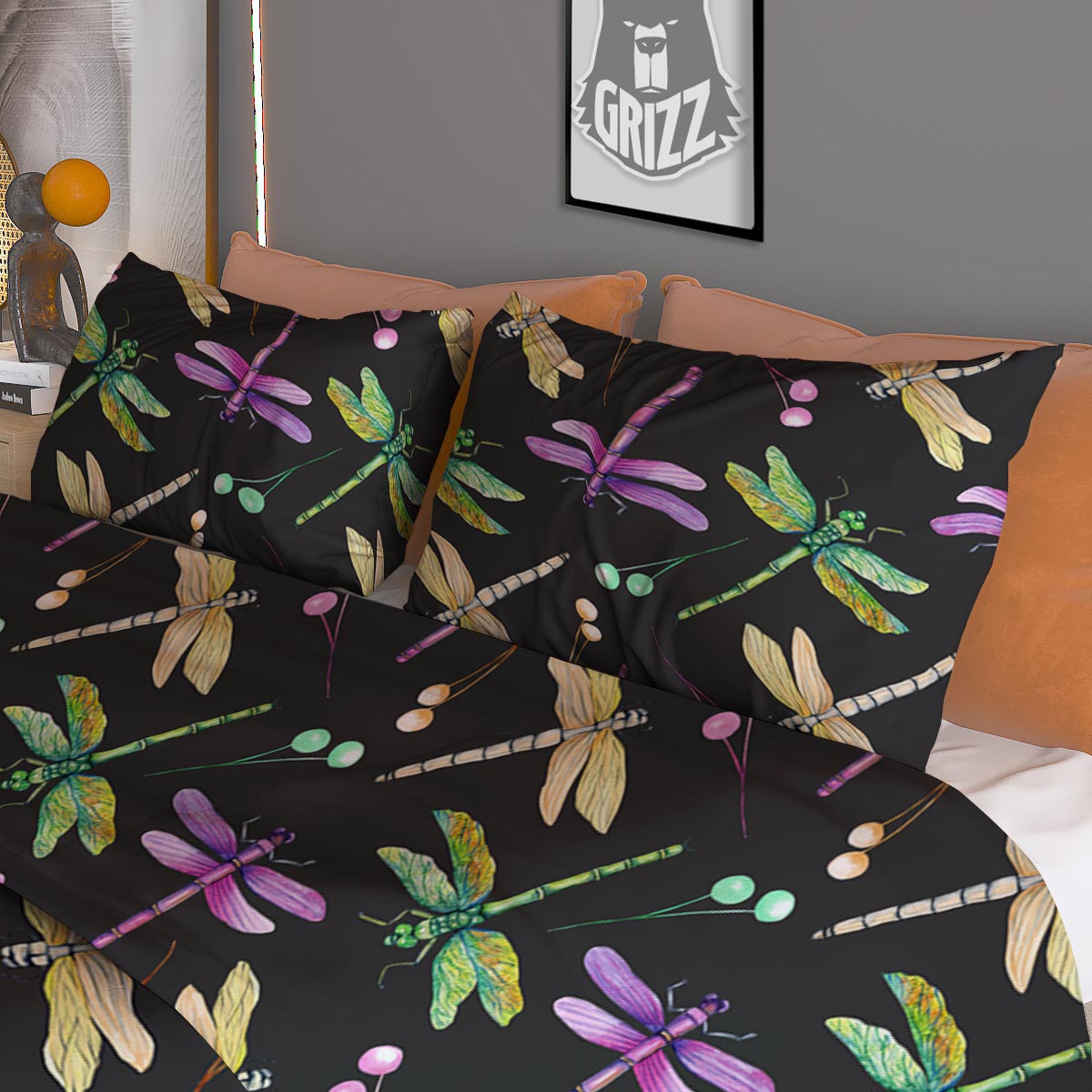 Dragonfly Black Purple And Teal Print Pattern Duvet Cover Bedding Set